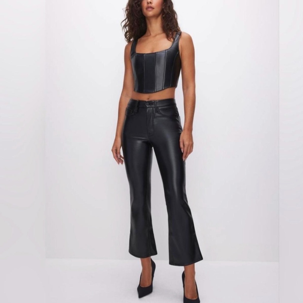 Good American Jet Black Faux Leather Trousers size 2 NWT cropped boot leg
